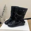 Botas de Cano Médio Estilo Ballet com Laço e Solado Grosso Femininas 2026 Novas Botas Amassadas Empilhadas de Outono Botas Curtas da Moda Botas Individuais