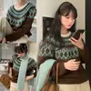Toma real: Suéter de punto de alta gama para mujer, estilo Fair Isle coreano, suave y acogedor, cuello redondo, bloques de color, estilo holgado y casual.