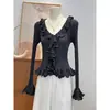 Puro Deseo Estilo Chica Picante Suéter de Punto de Manga Larga para Mujer Otoño Invierno Nuevo Cuello con Volantes Adelgazante Chic Top Corto