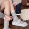 Calcetines de Cachemira para Otoño e Invierno para Mujer, Estilo Coreano Calcetines de Media Pantorrilla con Doble Puño y Bloques de Color, Ins Perla con Lazo, Calcetines Holgados para Niña