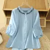 342 Conjunto#Cânhamo Algodão Linho Conjunto Completo Mulher Verão Camisa de Linho Calça de Perna Larga Casual Roupa de Mãe Conjunto de Duas Peças