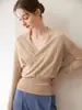 Jersey de cachemira para mujer con cuello en V cruzado, Otoño Invierno, Estilo Nuevo, Manga Larga, Lana, Adelgazante