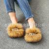 Pantuflas de Piel de Zorro para Mujer 2021 para Uso en Exteriores, Cadena de Pedrería, Sandalias Casuales Versátiles de Tacón Bajo con Piel