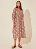 2026 Novo Estilo Vestido Floral Estilo Feriado Impresso em 3D para Mulheres Solto Decote V Gravata Manga Bufante Comprimento Médio Vestido Praia