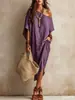 Em estoque 2026 Vestido de algodão e linho estilo europeu e americano de um ombro para mulheres, corte solto, mangas morcego, comprimento médio, fenda, vestido de férias, transfronteiriço