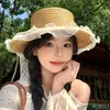 Sombrero de Paja de Copa Plana con Lazo de Encaje Francés para Mujer, Estilo Vacaciones de Verano en la Playa, Ala Ancha, Protección Solar, Sombrero para el Sol