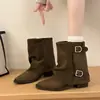 Botas femininas retrô com cinto 2026 moda salto grosso tornozeleiras detalhe de fivela moda outono novo bico fino versátil