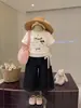 Conjunto de Verano para Niñas Lindo Estampado de Dibujos Animados Manga Corta Blanco Oveja Pequeña Lunares Camiseta Lazo de Encaje Jeans