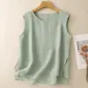 Regata Artística Feminina de Quatro Cores com Camada Dupla e Fendas, Camisola de Algodão e Linho, Blusa Leve sem Mangas, Estilo Vintage, Modelo Verão 2026