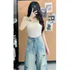 Jeans retro de pierna ancha rasgados para mujer, estilo fino de verano, nuevo modelo popular 2026, pantalones rectos súper modernos para mujer