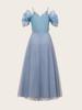 Vestido Elegante de Malla con Tirantes Finos Azules y Lazo para Performance de Cumpleaños y Anfitrión Transfronterizo para Jóvenes
