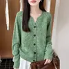 Cardigan floral de fio puro de lã estilo coreano suave para mulheres, novo suéter de tricô quente com botões, solto e espesso para outono e inverno