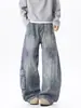 Jeans de hombre estilo americano, patchwork deconstruido, dobladillo curvo, pantalones rectos casuales lavados para otoño, pantalones anchos holgados de moda