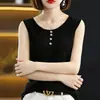Nuevo Top de Punto de Seda Helada de Verano para Mujer, Chaleco sin Mangas de Cuello en V con Cuatro Botones, Camisa Básica de Color Sólido Simple Estilo Coreano
