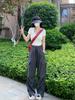 Mono Dulce Fresco Chica Caliente para Mujer Verano Nuevo Cintura Alta Pantalones Paracaídas Delgados Casuales Pierna Ancha Pantalones Deportivos Americanos
