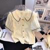 Camisa de Chiffon Feminina Manga Curta Verão Novo Design Sense Nicho Renda Doce Chique Estilo Francês Manga Bufante Top