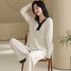 Pijama Nuevo de Primavera y Otoño para Mujer Suave Modal Cómodo Algodón de Color con Hilo Encaje en el Cuello Conjunto para Estar en Casa