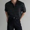 Camiseta de rayas texturizadas de manga corta para hombre, nuevo estilo de verano, moda coreana, tacto de alta gama, polo de punto con cuello acanalado, manga corta