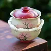 Taza Cerámica Portátil Azul y Blanco Rojo Firestone de Preparación Rápida, Juego de Té de Viaje de Lujo para una Persona Sueño de Flor de Cerezo con Bolsa de Transporte