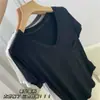 Camiseta de algodón modal con cuello en V para mujer, estilo coreano, holgada, de verano, de longitud media, informal, de manga corta