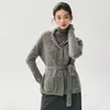 Suéter de Caxemira Moda Gola Meia Aberta Engrossada Cardigã Feminino Cintura Marcada Manga Longa Malha Canelada Peça de Vestir com Cinto Suéter Feminino