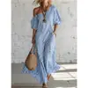 Vestido cruzado de AliExpress Europa y América, de un solo hombro, a rayas azules y blancas, vestido casual holgado para vacaciones, estilo nuevo