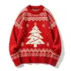 Suéter de jacquard personalizado rojo y blanco con cuello redondo para hombre, corte holgado, suéter de punto grueso para hombre, diseño de copo de nieve y árbol de Navidad