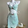 Estilo Pura Pasión de Playa Primavera y Verano Menta Nuevo Traje de Baño Dividido Cubre Carne, Conjunto de Tres Piezas Mambo Blanqueador para Resort Azul