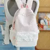 Mochila de Viagem Fofa com Estampa Xadrez e Bolinhas com Acabamento em Renda Estilo Menina Mochila de Estudante Estilo Doce Japonês