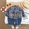 Conjunto de Camisa de Outono para Meninos 2025 Nova Moda de Outono Manga Longa Tie-Dye Xadrez Conjunto de Três Peças Tendência