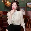 Nova Camisa Bordada Jacquard Estilo Chinês, Camisa de Acetato de Manga Longa, Conjunto de Top com Saia de Cavalo Estilo Primavera Feminino