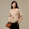 Suéter de mohair degradê com caimento solto, tricot com bordado à mão, gola redonda, novo estilo para o início do outono, top feminino de manga longa para mulheres