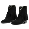 Botas Altas de Invierno Otoño con Tira Cruzada Puntiagudas Color Sólido Suela de Goma Tacón Cuadrado Talla Grande Cubierta de Zapato Tacón Alto Comercio Exterior Botas con Borlas Mujer