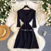 Vestido de Punto Retro Estilo Commuter con Cuello en V para Mujer, Falda Plisada de Manga Corta de Verano, Falda Línea A Adelgazante que Ceñe la Cintura con Cinturón