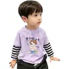 Camiseta Transpirable de Algodón Puro de Manga Larga Casual para Niños, Modelo Nuevo 2026 para Niños Mayores, Cuello Redondo, Top Rayado de Falso Dos Piezas