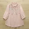 Camisa de gasa de algodón de doble capa con manga media para mujer, estilo étnico de verano bordada, suave, agradable para la piel, transpirable, algodón puro, top de manga tres cuartos
