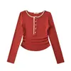 Diseño Puro Estilo Spice Girl Color de Contraste Cuello Redondo Hebilla Manga Larga Camiseta para Mujer Otoño Ajuste Delgado Plisado Top Corto Básico