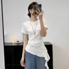 Diseño único con cintas, corte ajustado, nueva camiseta blanca de manga corta con cuello redondo para mujer, estilo ins, morado