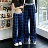 Pantalones Casuales Holgados de Cuadros Azules y Negros para Hombres y Mujeres con Cintura con Letras y Diseño de Retazos Pantalones Largos Casuales de Pierna Ancha