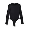Novedad de Otoño Estilo Europeo Americano Chica Atrevida Ajuste Delgado Cuello Redondo Manga Larga Body Elástico Acanalado Color Sólido Base Cepillada Camiseta