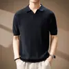 Camisa Polo de Tricô de Linho com Gola de Gaivota Estilo Old Money Italiano Camiseta de Manga Curta com Gola Lapela de Liocel Masculina de Verão