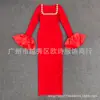 Vestido de Bandagem Slim Elegante com Decote Quadrado, Manga Trompete, Novo da Moda Europeia e Americana, Luxo Leve com Pedras de Diamante