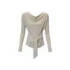 Camiseta Feminina Elegante de Cor Lisa com Gola Strappy e Mangas Longas Outono Novo Slim Fit Versátil