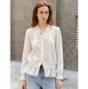 SEM RESTRICÇÃO Camisa Feminina com Gola V de Babados Franceses, Manga Três Quartos, para o Trabalho, Levemente Transparente, Pregas de Franzido, Blusa com Cordão