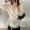 Nueva Camisa de Otoño Estilo Coreano Cuello Drapeado Estilo Perezoso Cordones para Ceñir la Cintura Manga Larga Estilo Francés para Mujer