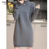 Sheji Home 2025 Primavera Vestido Longo de Tricô Pulôver Gola Alta Camiseta Base Suéter para Mulheres, Estilo Preguiçoso