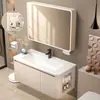 Juego de gabinete de baño color crema montado en la pared, con lavabo integrado de cerámica, adecuado para baños pequeños