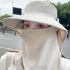 Sombrero de Sol de Verano para Mujer con Ala Ancha, Mascarilla Facial, Protección Integrada para el Cuello, Transpirable, Anti-UV, Sombrero de Pescador, Sombrero Plegable para Exteriores