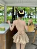 Traje de baño coreano de alta gama transfronterizo para mujer, estilo chica dulce, falda de tres piezas a cuadros retro para vacaciones, hermoso bikini
