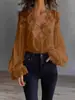 Ropa europea y americana para mujer de venta transfronteriza, blusa de gasa con encaje en V, mangas largas abullonadas plisadas y volantes, corte holgado para mujer